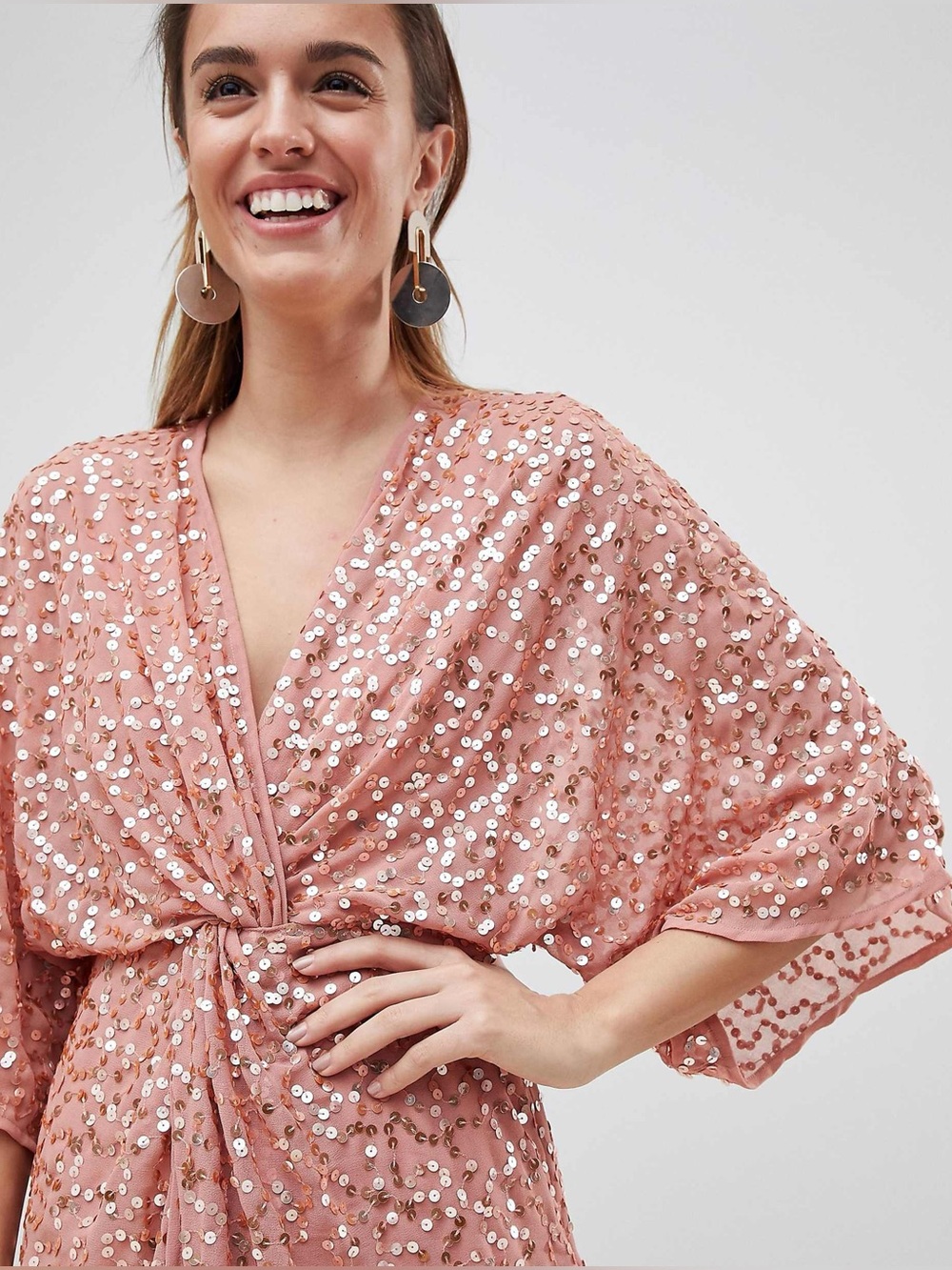 ASOS DESIGN Scatter Sequin Knot Front Kimono Midi Dress Dusty Pink Size 8
